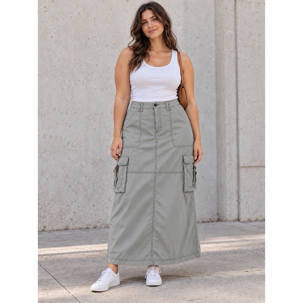 NWT ASHLEY STEWART Cargo Utility Maxi Skirt 16 Army Green Stretch Waist Pockets
